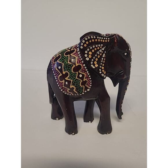 Wooden Indian Painted Elephant Figurine Dark Brown Green Pink Yellow Trunk Down - Picture 3 of 8